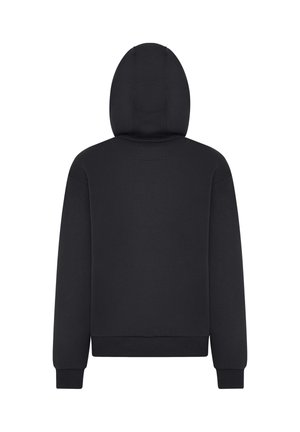 Musta huppari, jossa on kiristysnauhalla varustettu huppu, resorit hihansuissa ja helmassa. Pehmeästä materiaalista valmistettu, yksinkertaisella ja siistillä designilla ilman kuoseja.