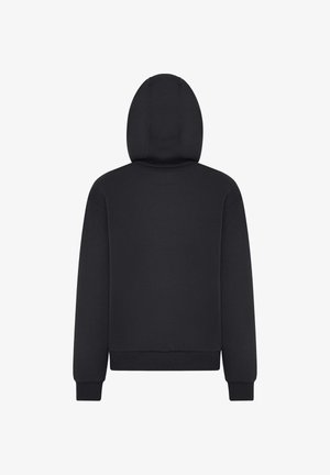 Musta huppari, jossa on kiristysnauhalla varustettu huppu, resorit hihansuissa ja helmassa. Pehmeästä materiaalista valmistettu, yksinkertaisella ja siistillä designilla ilman kuoseja.