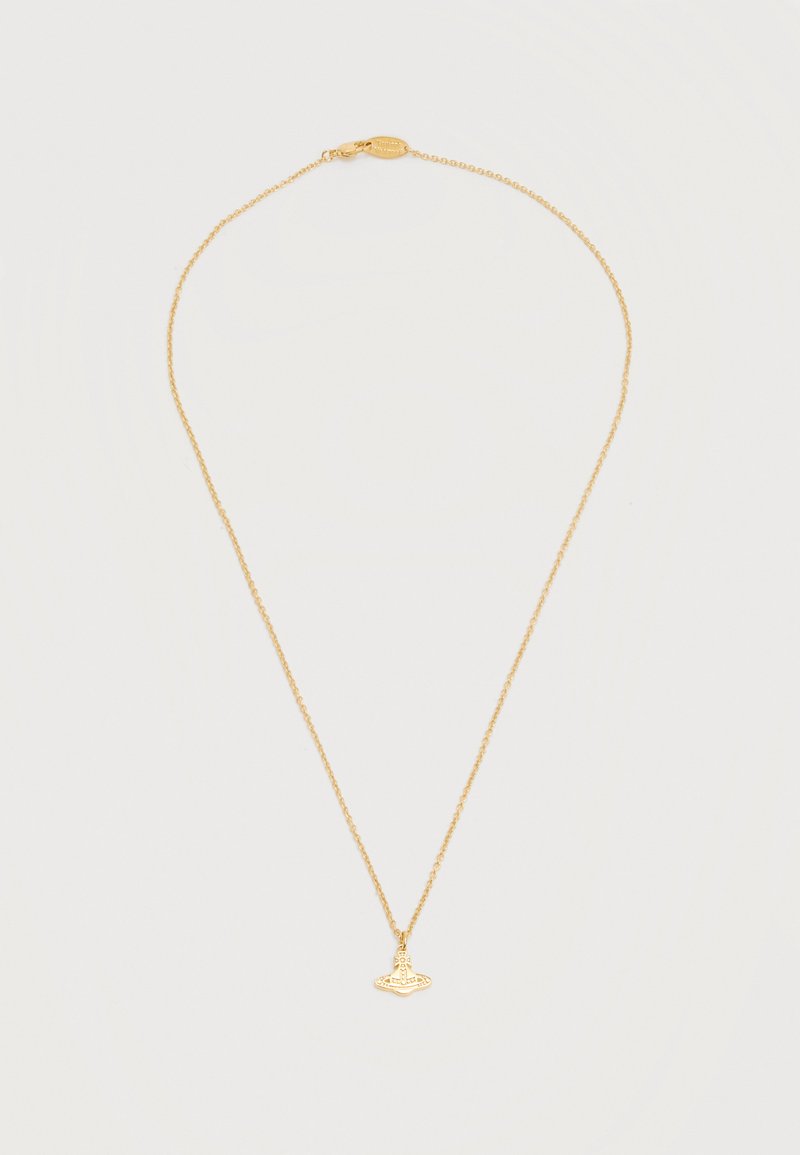 Delicate gold chain necklace with a small, detailed orb-shaped pendant, displayed on a plain white background.