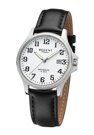 Klassische runde silberne Armbanduhr mit weißem Zifferblatt, schwarzen arabischen Zahlen, schwarzem Lederarmband und Datumsanzeige bei 3 Uhr.