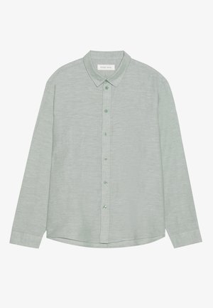 Lichtgroene lange mouwen shirt met een kraag, vooraan knoopsluiting en kleine, bijpassende knopen. Heeft een geborduurde stof met een lichte glans.