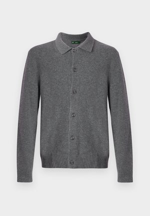 Grå cardigan med klassisk krage, syv knapper foran, ribbede mansjetter og kant. Laget av en myk ullblanding. Minimalistisk design.