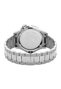 Cerruti 1881 nerūsējošā tērauda pulkstenis ar metāla rokassprādzi, apaļu aizmugurējo vāku ar viļņu rakstu un ūdensizturību līdz 100 metriem.