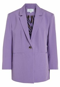Blazer violet avec une fermeture à bouton unique, deux poches avant, et une texture lisse. Doublé d'un tissu à motifs avec des accents foncés.