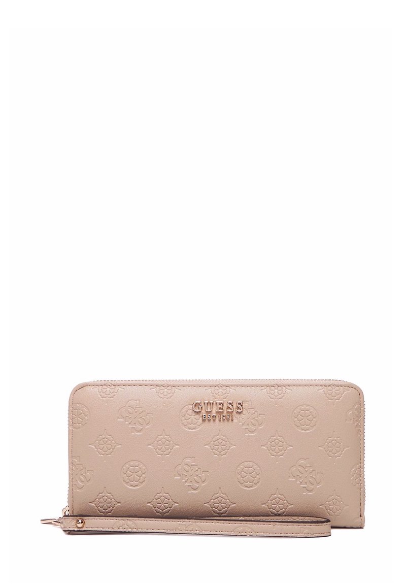 Portefeuille en cuir beige avec un motif texturé et un logo embossé. Il dispose d'une fermeture éclair et d'une sangle pour le poignet. Fini lisse.