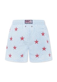Pantaloni da bagno azzurri con motivo di stelle marine ricamate in rosso. Vita elasticizzata con etichetta logo; include una tasca posteriore. Tessuto con una consistenza liscia.