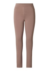 Aangemeten broek van lichtbruin stof met een gladde textuur, voorzien van twee zijzakken en een middelhoge tailleband.