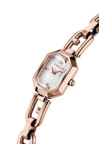 Orologio octagonale in oro rosa di Furla con quadrante bianco, design a bracciale collegato e indicatori delle ore minimalisti. Presenta una corona a pressione.
