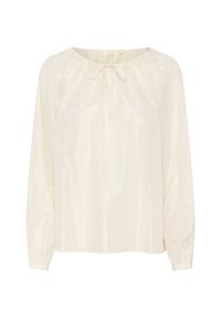 Cream long-sleeve blouse made of lightweight, textured fabric with a subtle sheen. Features a gathered neckline with a tie detail.