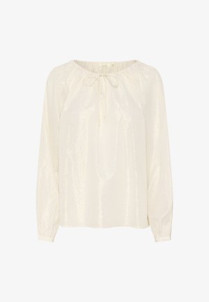 Crème lange mouwen blouse van lichtgewicht, gestructureerde stof met een subtiele glans. Heeft een geplooide halslijn met een strikdetail.