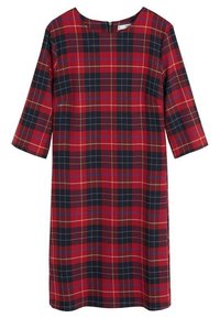 Rot- und marineblaues kariertes Kleid mit rundem Ausschnitt, Dreiviertelärmeln und einem Reißverschluss hinten. Hergestellt aus gewebtem Stoff mit strukturierter Oberfläche.