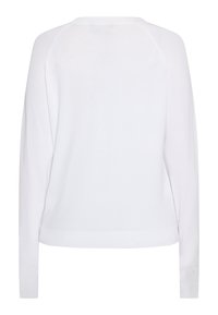 Weißer langärmeliger Pullover mit Rundhalsausschnitt, gerippten Bündchen und einer glatten Textur. Kein sichtbares Muster oder Akzente. Standardpassform und -form.