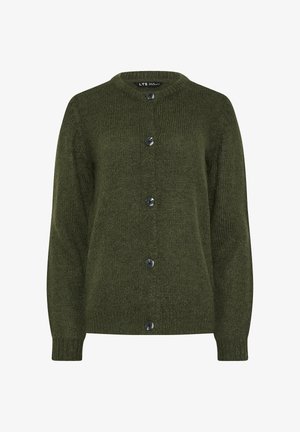 Cardigan vert foncé en tissu tricoté texturé, avec un col rond et six boutons noirs à l'avant. Manches longues.