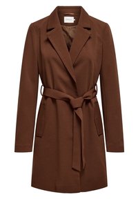 Abrigo de mujer marrón de manga larga con cuello de solapa, cinturón de tela atado a la cintura y dos bolsillos de parche en la parte delantera.