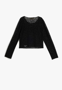 Zwarte mesh langemouwen top met een luipaardprint. Ronde halslijn en cropped ontwerp met subtiele textuur.