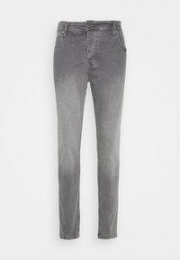 Slim-fit gray denim jeans with a smooth texture, five-pocket design, button closure, and slight fading detail along the legs.