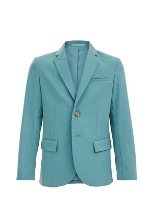 Einreihiger türkisfarbener Blazer mit einem Knopf, Revers mit Kerbkragen, zwei vorderen Pattentaschen und einer Brustleistentasche, dargestellt vor weißem Hintergrund.