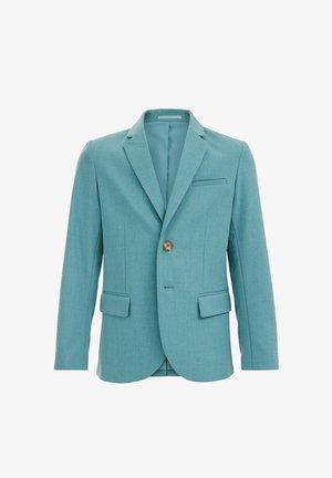 Blazer sarcelle à un bouton avec revers crantés, deux poches à rabat à l'avant et une poche poitrine passepoilée, présenté sur un fond blanc.