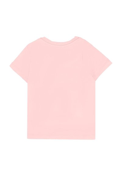 T-shirt rosa chiaro a maniche corte, vista dal retro, con scollatura rotonda e cuciture semplici su sfondo bianco.