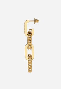Gold earrings featuring a chain-link design with textured links and small circular studs. Secure post-back fastening.