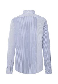 Langarm-Hemd mit blauen und weißen vertikalen Streifen, mit Kragen und Knopfabnähern, aus leichtem Stoff gefertigt.