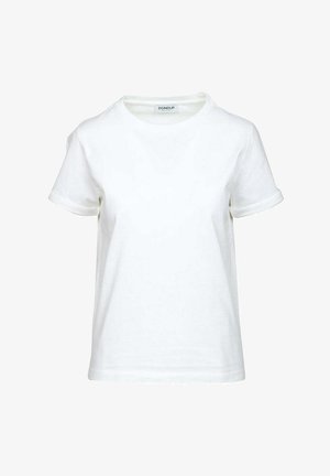 T-shirt bianco in cotone, con scollo rotondo e maniche corte con risvolti, texture liscia e senza motivi o dettagli visibili.