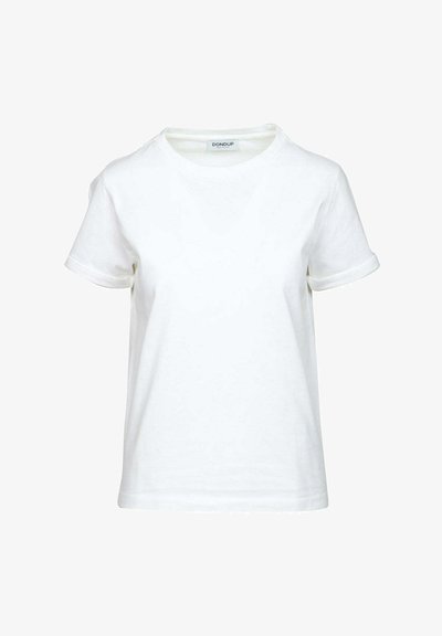 T-shirt bianco in cotone, con scollo rotondo e maniche corte con risvolti, texture liscia e senza motivi o dettagli visibili.