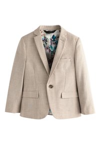Beżowa, teksturowana marynarka na jeden guzik z dwoma przednimi kieszeniami. Podszyta wzorem kwiatowym w niebieskich i fioletowych tonach.
