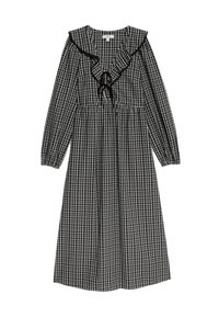 Schwarz-weißer kariert langer Ärmelkleid mit gerafftem Ausschnitt, Bindeband vorne und fließender Silhouette. Weicher Stofftextur.