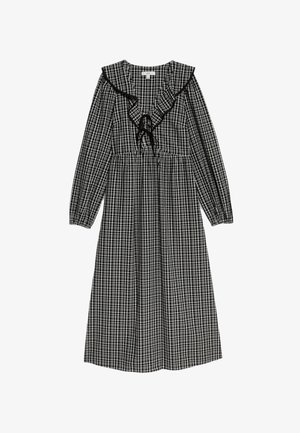 Abito a maniche lunghe in bianco e nero a quadri, con scollatura arricciata, dettaglio cravatta frontale e una silhouette fluida. Tessuto morbido.