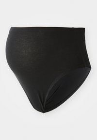Culotte noire taille haute en tissu lisse ; présente un design sans coutures et une ceinture élastique pour le confort et un bon ajustement.