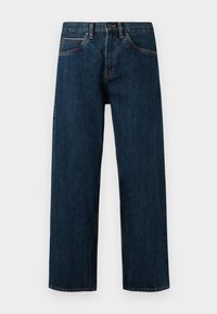 Dark blue denim jeans with a straight cut, featuring five pockets and contrasting orange stitching along the seams.