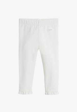 Valkoiset puuvillaiset leggingsit, joissa hulmuavat reunat, joustava vyötärönauha ja pieni merkkilappu takana. Sileä pinta, istuva malli.