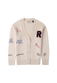 Cremfarbener Cardigan mit V-Ausschnitt, Knopfverschluss und gestickten Akzenten, einschließlich Text und Grafiken. Mit gerippten Bündchen und Saum.