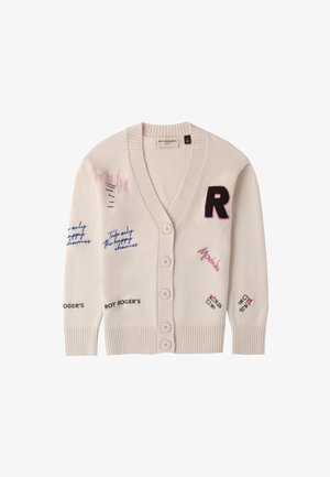 Crème kleurige cardigan met een V-hals, knoopsluiting en geborduurde accenten, waaronder tekst en afbeeldingen. Met ribgebreide mouwen en onderrand.