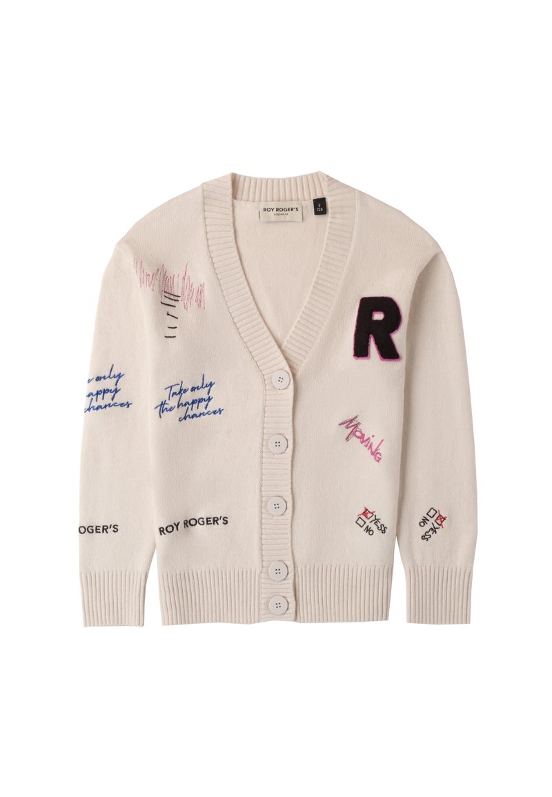Cremfarbener Cardigan mit V-Ausschnitt, Knopfverschluss und gestickten Akzenten, einschließlich Text und Grafiken. Mit gerippten Bündchen und Saum.