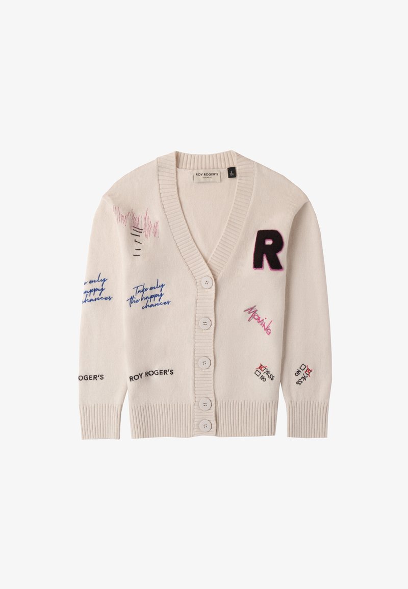 Cardigan crema con scollo a V, chiusura con bottoni e dettagli ricamati, inclusi testo e grafiche. Presenta polsini e orlo a coste.