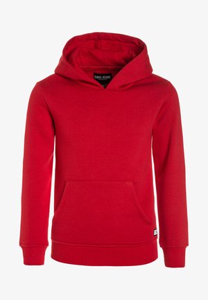 Rode hoodie gemaakt van zachte stof, met een kangoeroezak, ribbelboorden en onderkant, met een logo-label aan de linkerzijde.