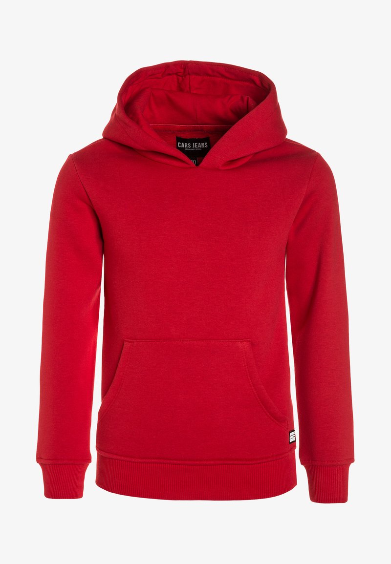 Rode hoodie gemaakt van zachte stof, met een kangoeroezak, ribbelboorden en onderkant, met een logo-label aan de linkerzijde.