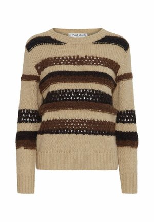 Megztinis su kreminės, rudos ir juodos horizontaliosiomis juostomis, su tekstūriniais raštais ir atvirais siūlais. Apskritas kaklas, ilgos rankovės.