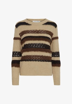 Pletený svetr s béžovými, hnědými a černými horizontálními pruhy s texturovanými vzory a otevřeným stehkovým detailem. Kulatý výstřih, dlouhé rukávy.