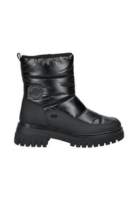 Botas de tobillo negras aisladas con un acabado brillante, textura acolchada, suela de goma y detalle de logo en el costado. Presentan un collar acolchado.