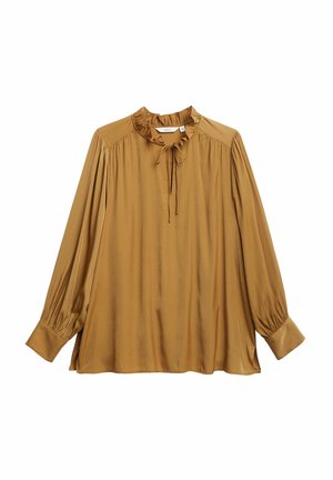 Bruin, lange mouwen blouse gemaakt van zachte stof, voorzien van een gerimpelde kraag, strikdetail en geplooide mouwen met knoopmanchetten.