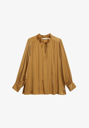 Bruin, lange mouwen blouse gemaakt van zachte stof, voorzien van een gerimpelde kraag, strikdetail en geplooide mouwen met knoopmanchetten.