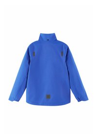 Blue waterproof jacket with a high collar, long sleeves, and black accents on the shoulders and bottom. Features a logo patch on the back.