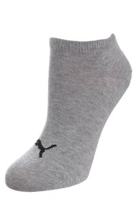 Gray ankle sock with a black Puma logo near the toe area, made of ribbed knit fabric.