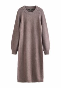 Langemouwen jurk van zacht, textuurgebreid materiaal. Kenmerkt een ronde halslijn, geribbelde accenten op de mouwen en een ontspannen pasvorm. Licht mauve kleur.