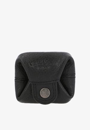 Small black leather pouch with flap and metal snap button, embossed brand name on front, compact and stitched detailing.