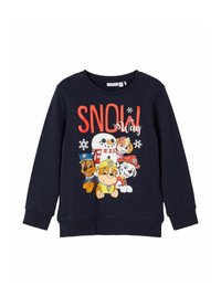Felpa navy con scollatura rotonda e polsini a costine, caratterizzata da una grafica colorata di cani dei cartoni animati, un pupazzo di neve e il testo "SNOW Way".