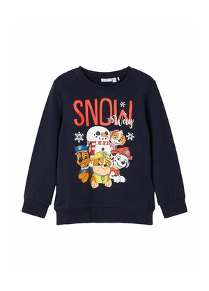 Felpa navy con scollatura rotonda e polsini a costine, caratterizzata da una grafica colorata di cani dei cartoni animati, un pupazzo di neve e il testo "SNOW Way".
